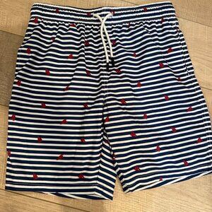 MAAMGIC BOYS 14/16 NAVY BLUE WHITE STRIP SWIM SHORTS TRUNKS